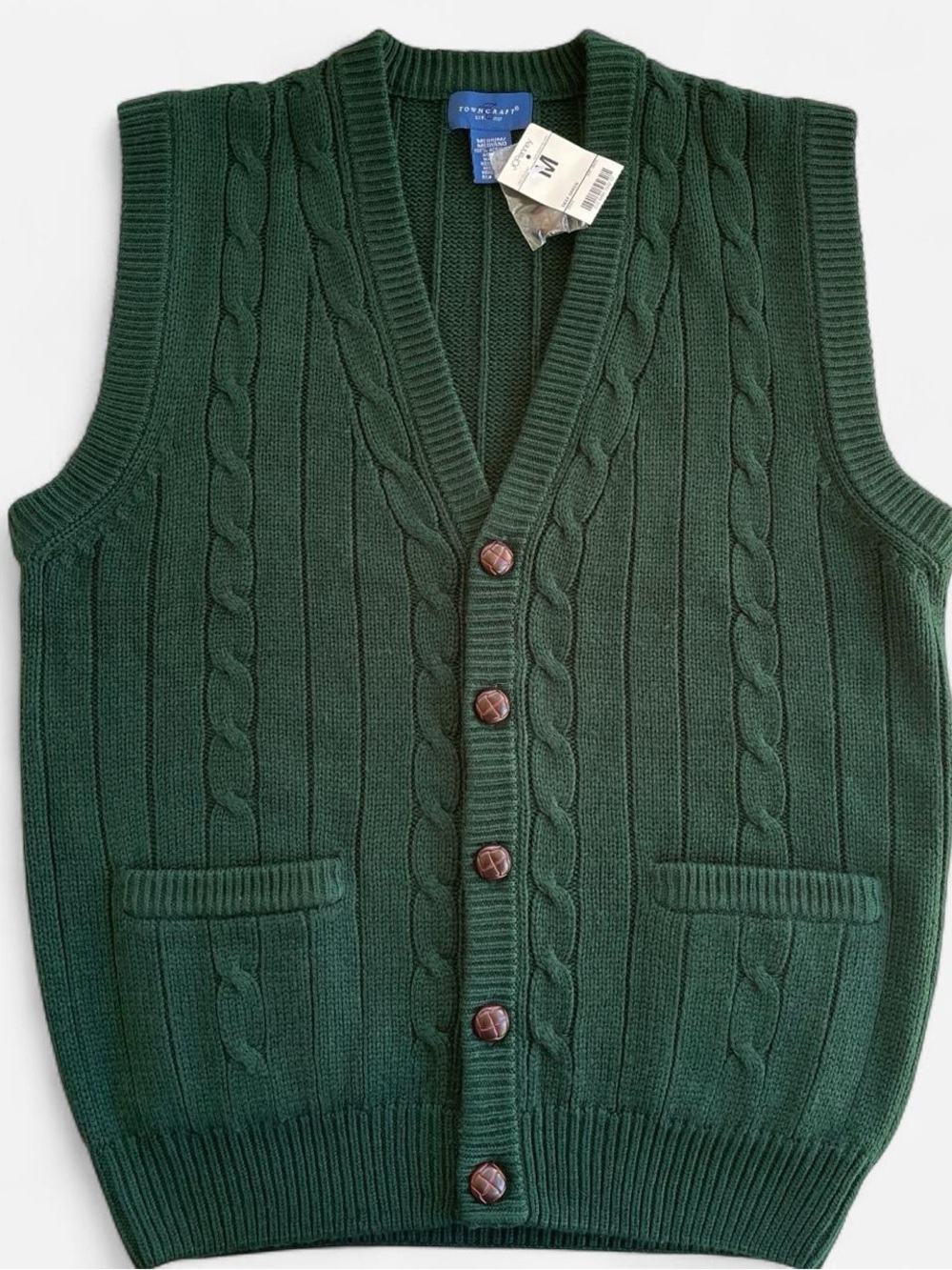 Vintage Men’s Towncraft Dark Green Cable Knit Sweater Vest Grandpa Preppy M